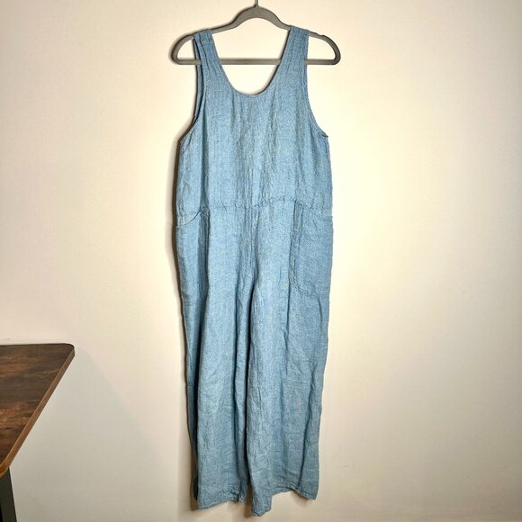 Flax 100% Linen Blue Chambray Oversized Jumpsuit Large Front Pockets Boho Sz S - Picture 1 of 5